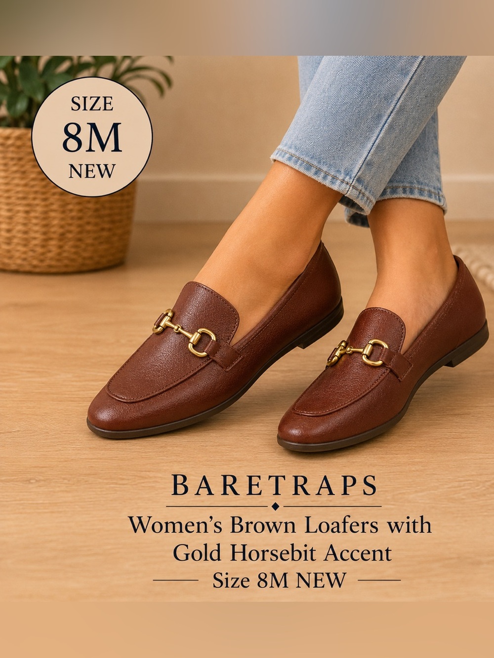 BareTraps Women's Brown Loafers with Gold Horsebit Accent Size 8M NEW